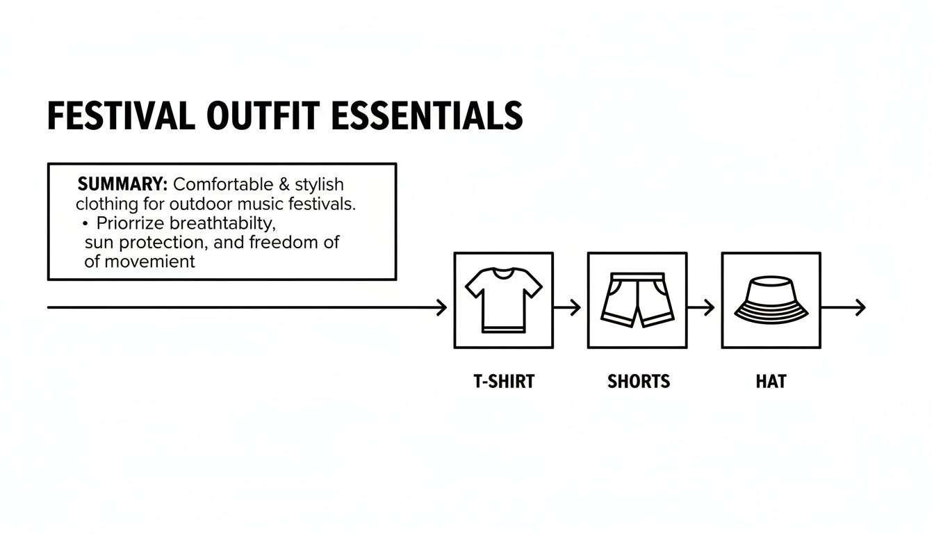 Diagram illustrating essential comfortable and stylish clothing for music festivals, including a t-shirt, shorts, and hat.
