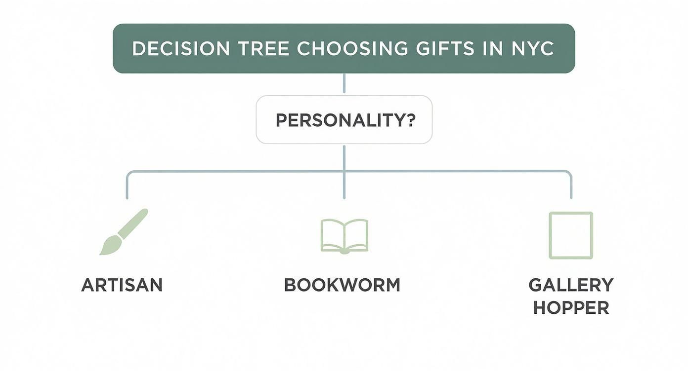 Infographic decision tree for choosing unique NYC gifts based on personality, featuring icons for Artisan, Bookworm, and Gallery Hopper.