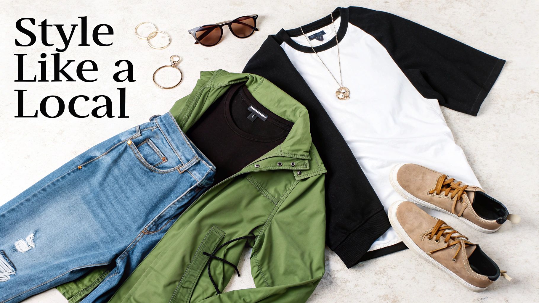 Stylish men's casual outfit flat lay: green jacket, black tee, ripped jeans, sneakers, sunglasses, and rings.