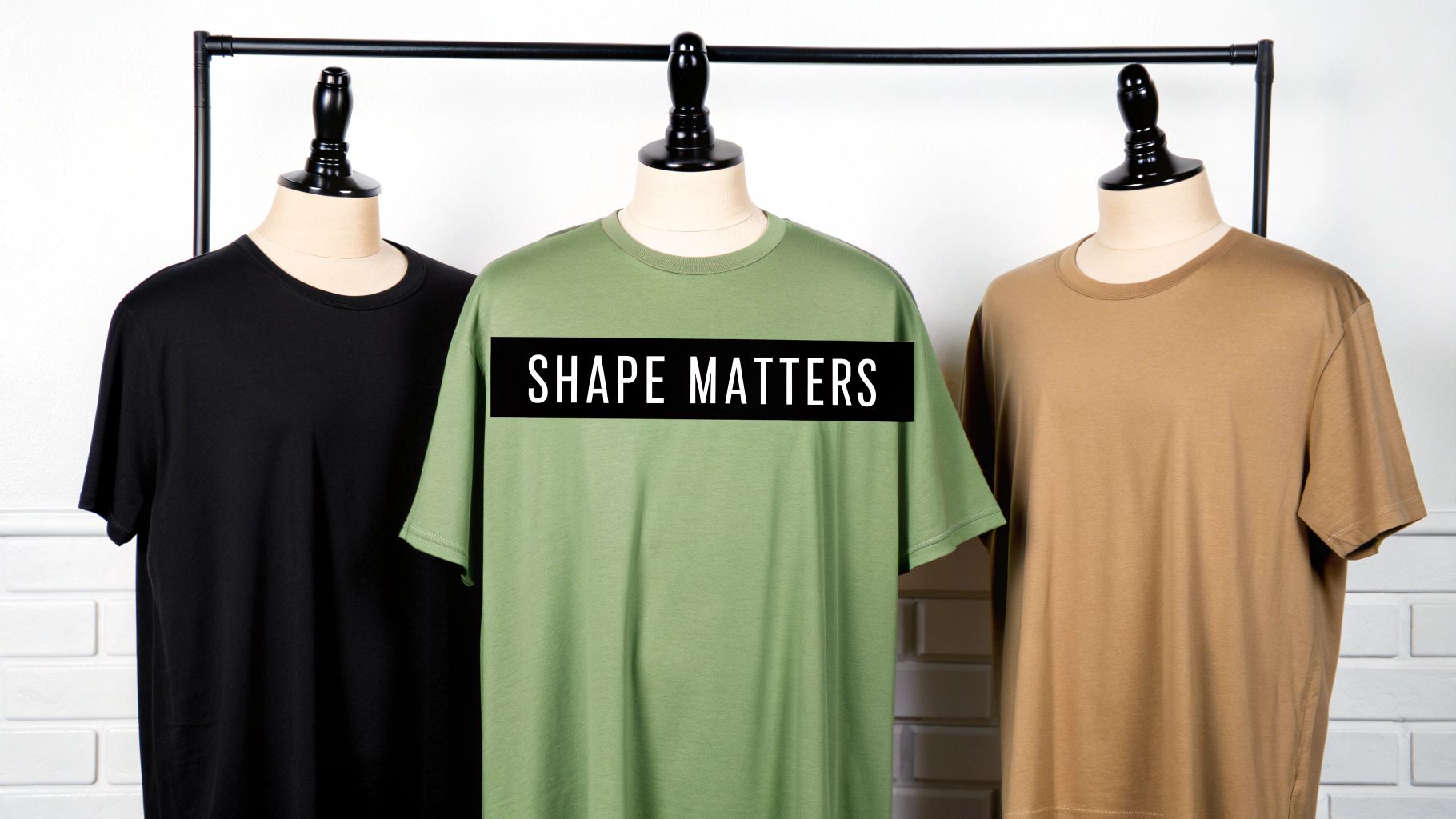 Three mannequins display plain crew-neck t-shirts in black, green, and tan colors.