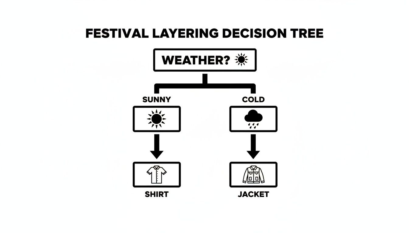 Decision tree for festival layering: wear a shirt for sunny weather, a jacket for cold.