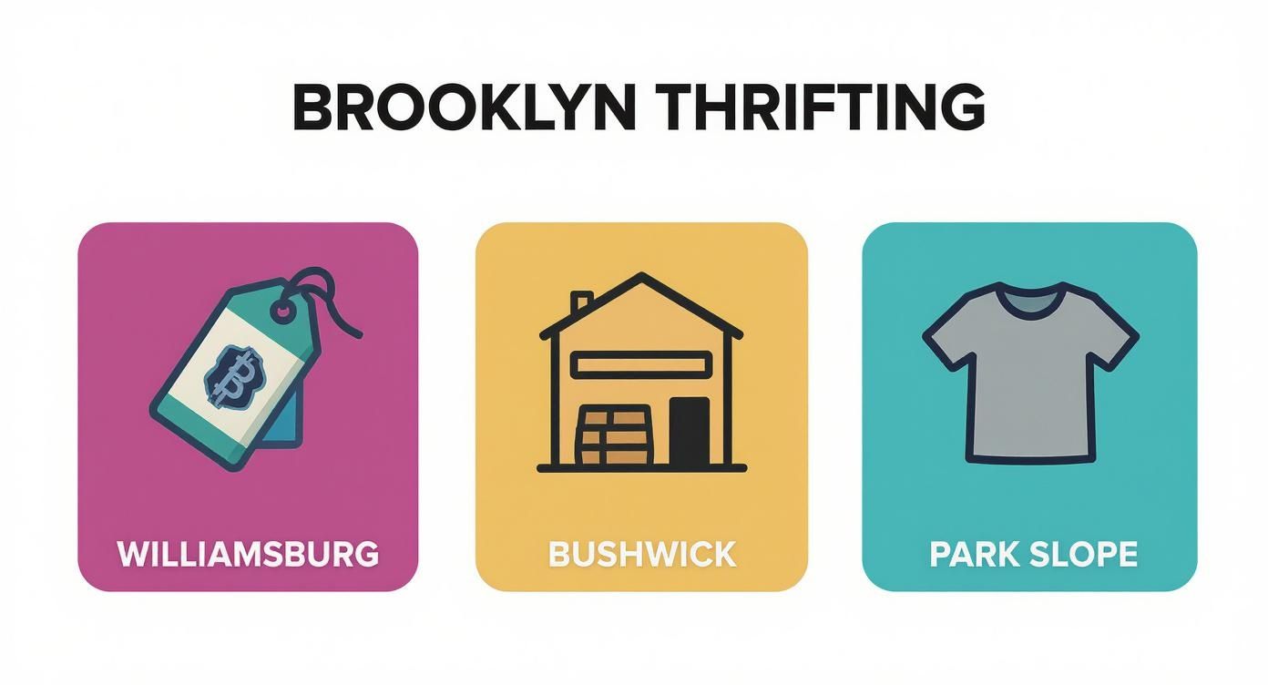An infographic showing Brooklyn thrifting locations: Williamsburg, Bushwick, and Park Slope, each with a relevant icon.
