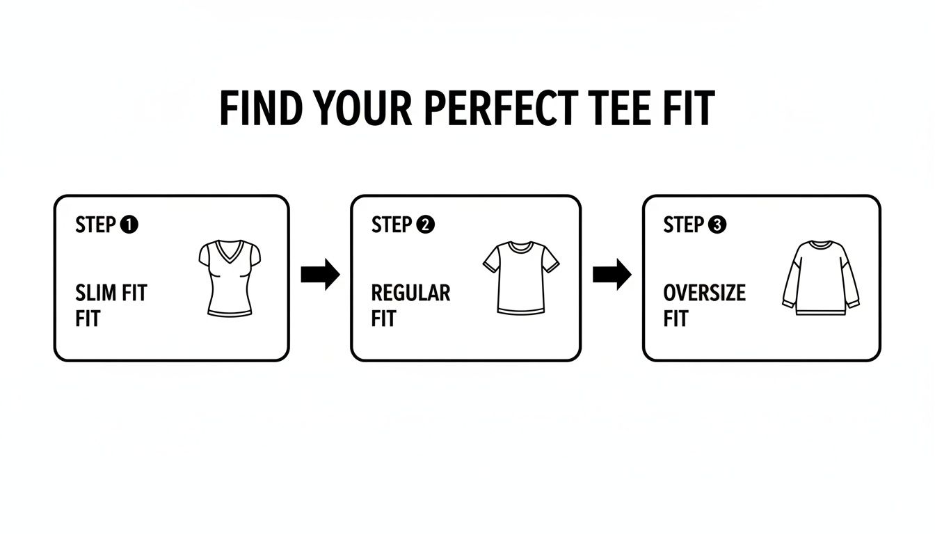 A visual guide illustrating three t-shirt fits: slim fit, regular fit, and oversize fit with diagrams.