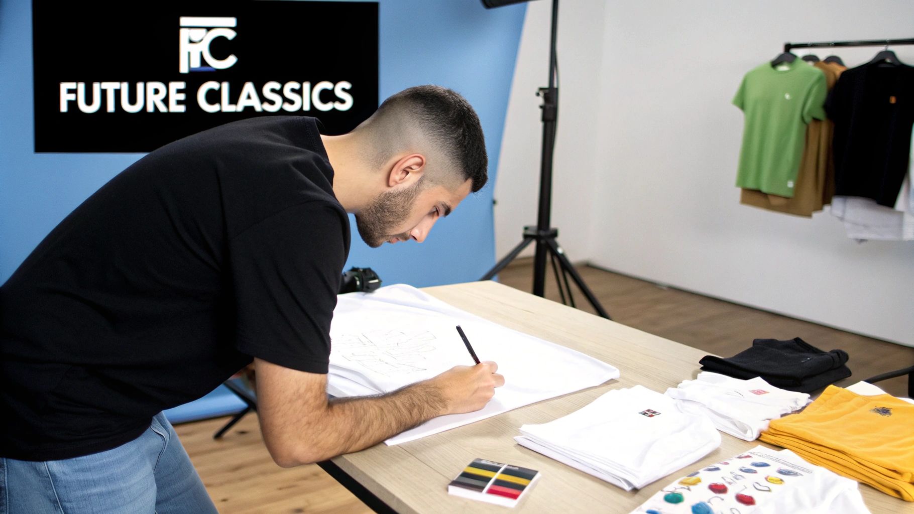 A man sketching a design on a white t-shirt in a creative studio with apparel.