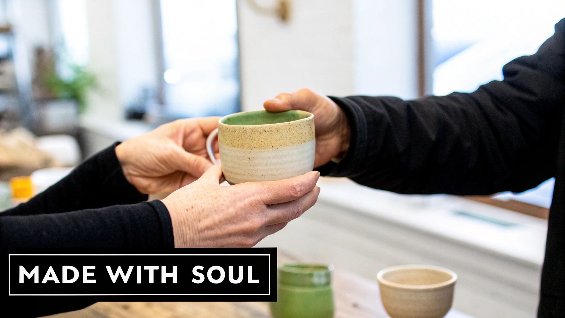 Two people exchanging handmade ceramic coffee cup with green glaze in artisan workshop setting