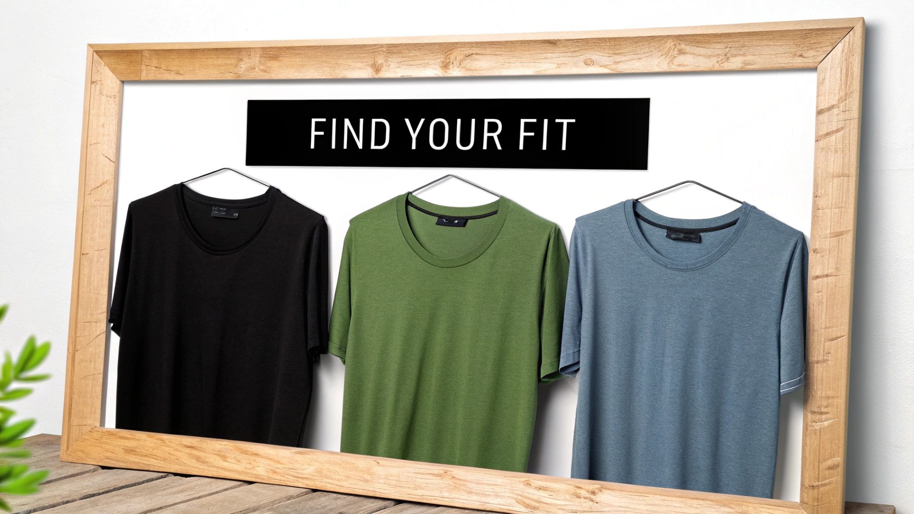 Three casual t-shirts (black, green, blue) on hangers inside a wooden frame, promoting 'FIND YOUR FIT'.