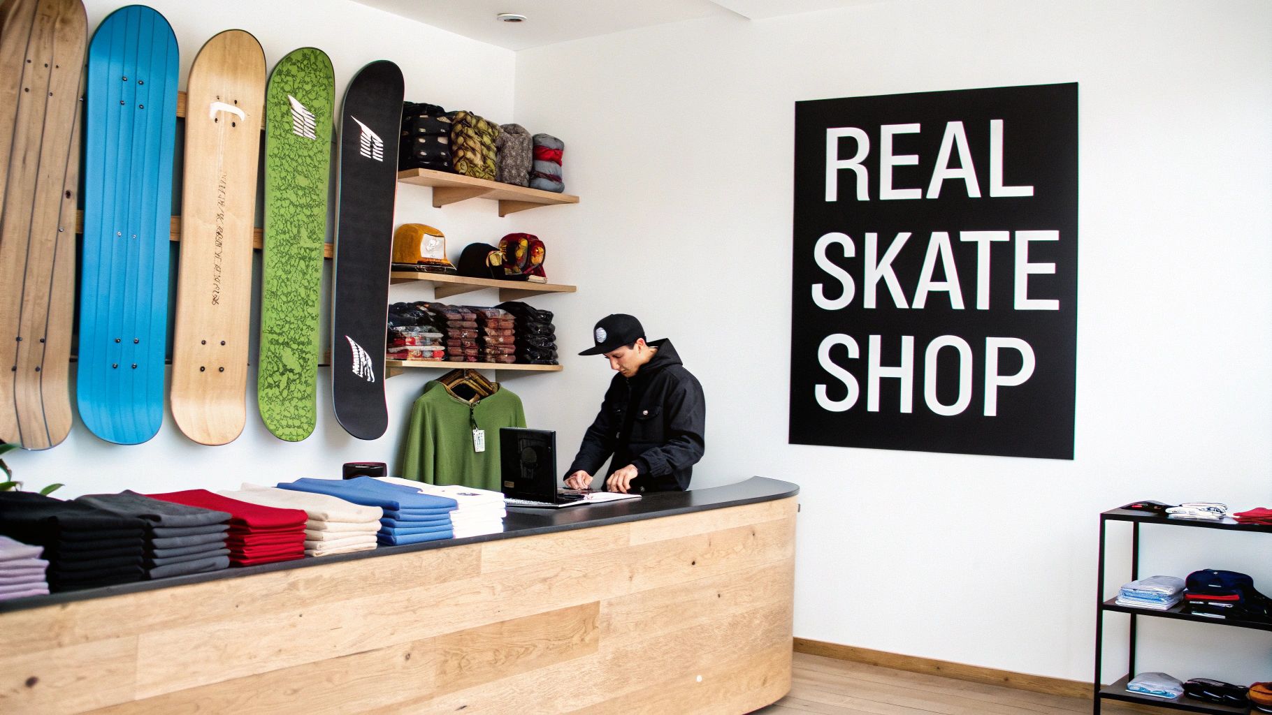 A man in a black jacket works at the counter of a modern skate shop, with snowboards on the wall.