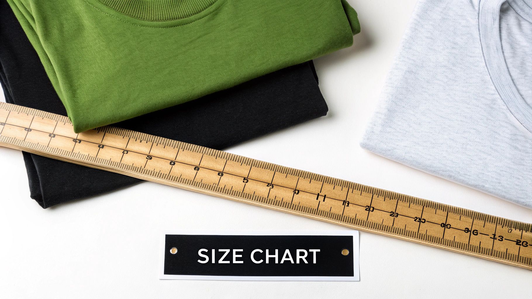 A detailed men's t-shirt size chart with measurements for chest, waist, and length