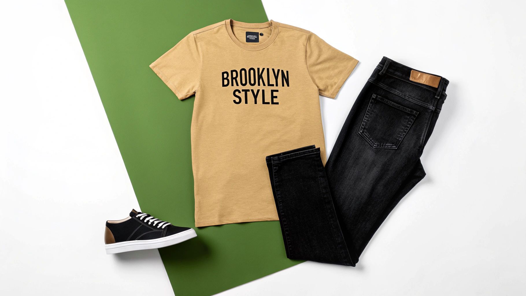 A flat lay of a tan 'Brooklyn Style' t-shirt, dark jeans, and black sneakers on a green and white background.