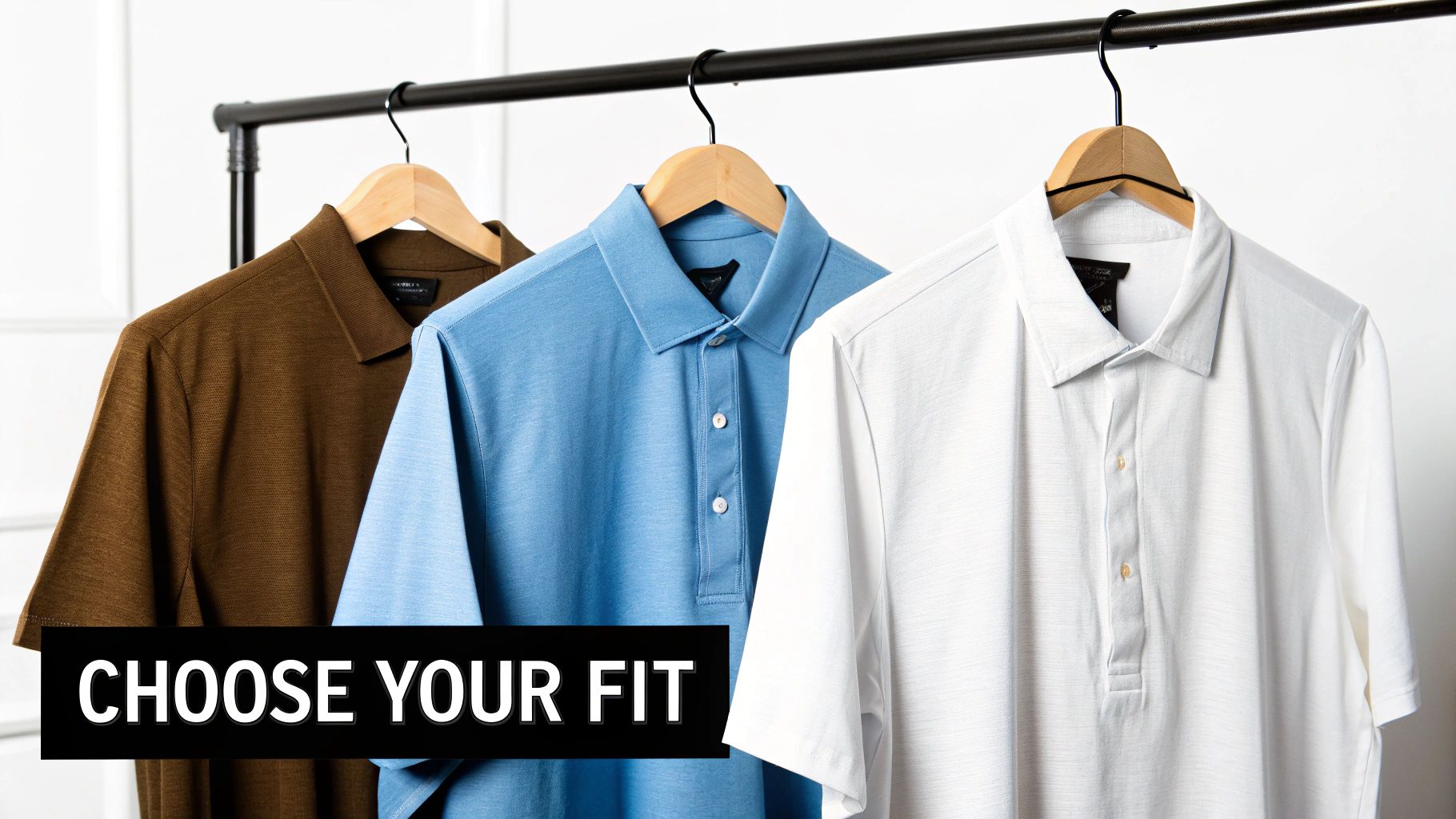 Three men's polo shirts in brown, blue, and white hanging on a rack with 'CHOOSE YOUR FIT' text.