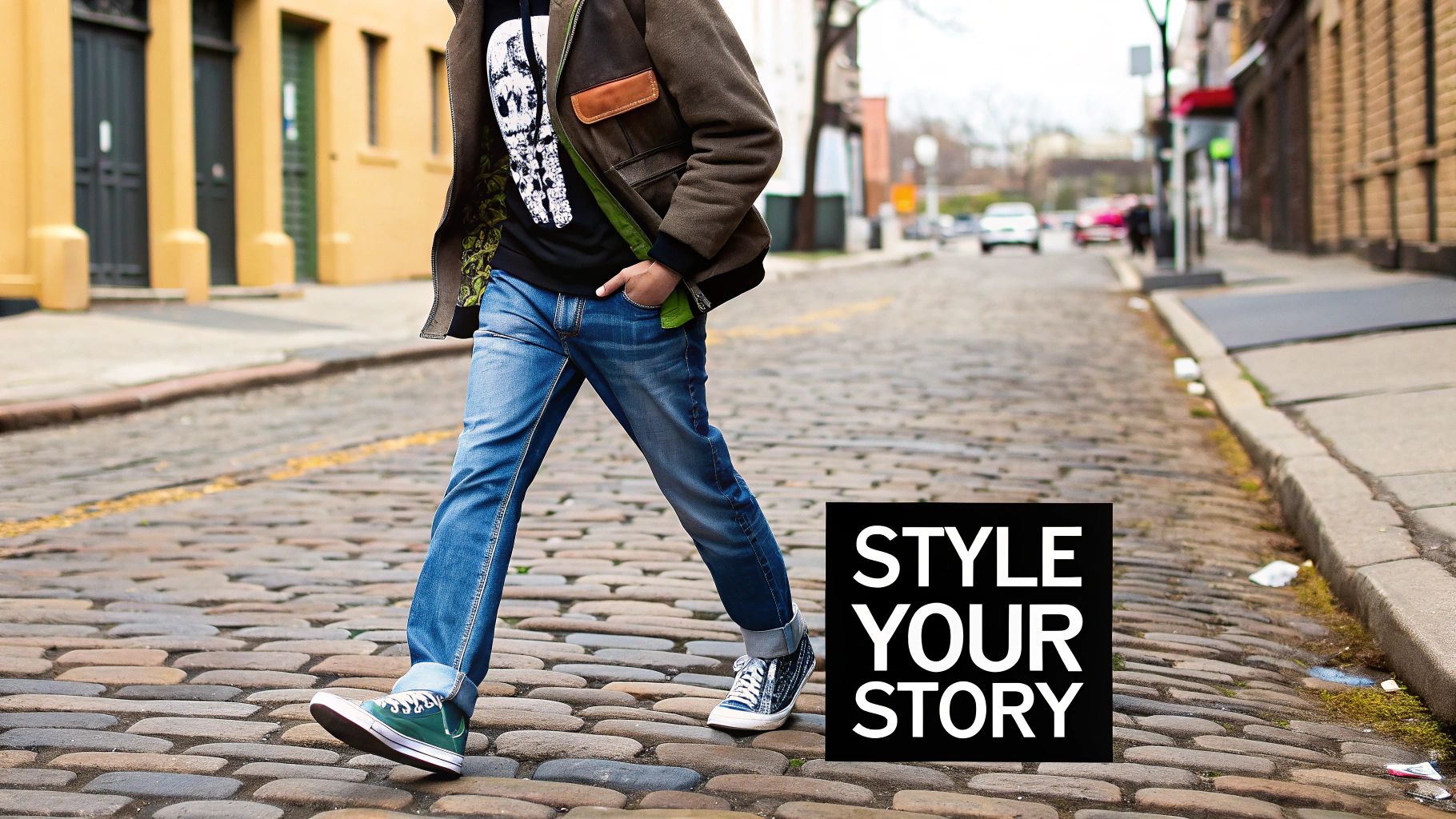 A person in a jacket and jeans walking on a cobblestone street with "STYLE YOUR STORY" text.
