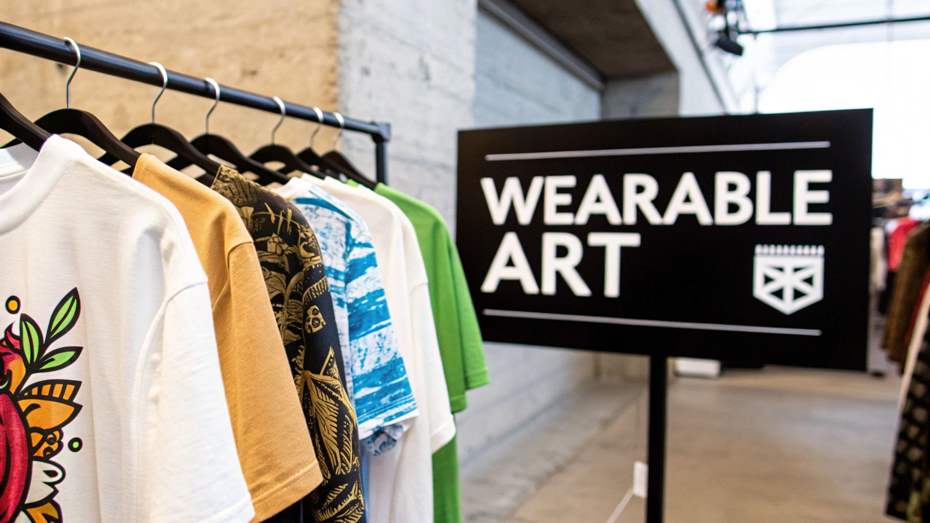A rack of colorful t-shirts with various designs on hangers next to a 'WEARABLE ART' sign.