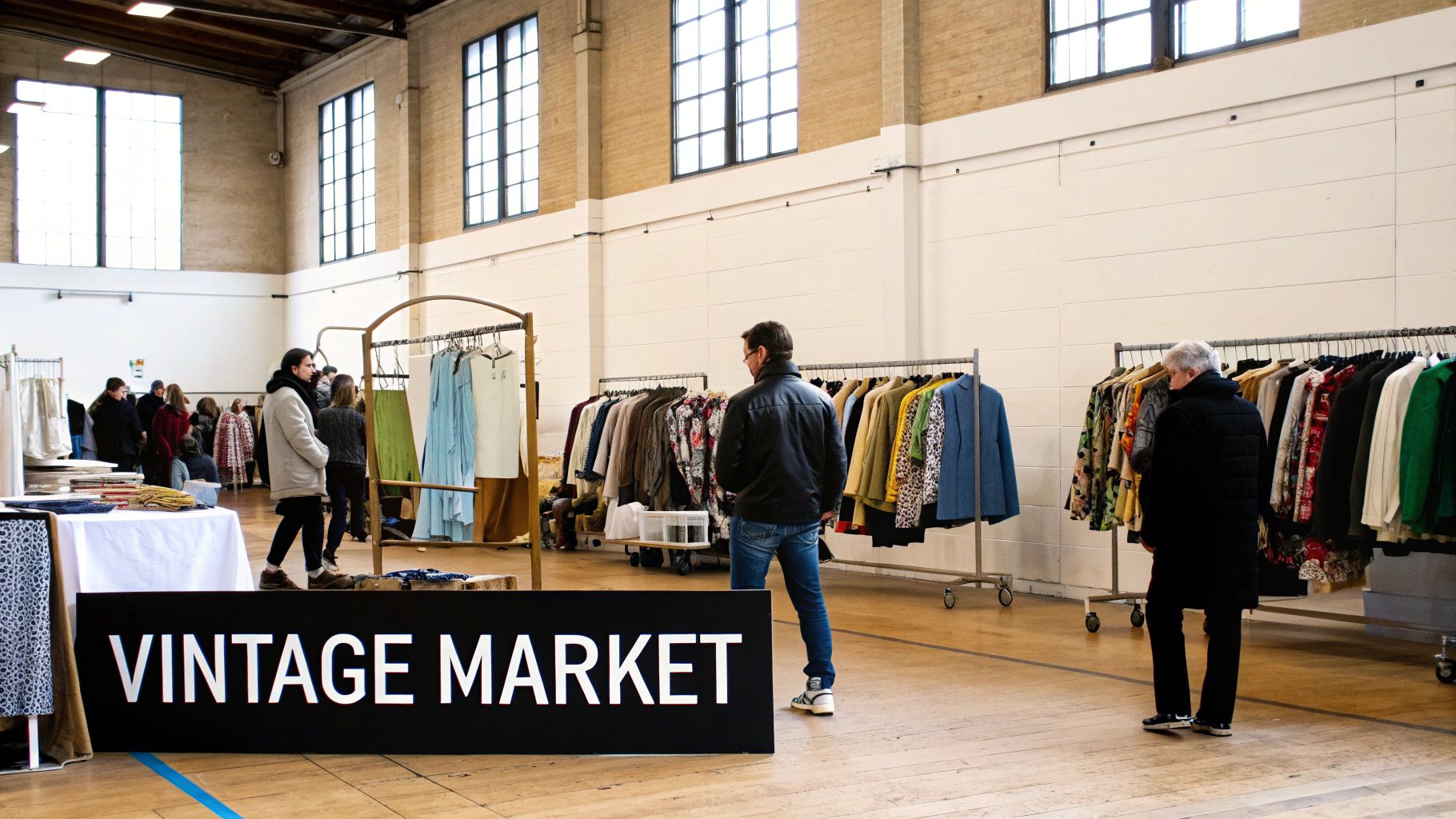 People browse vintage clothing racks and tables at a bustling indoor market event.