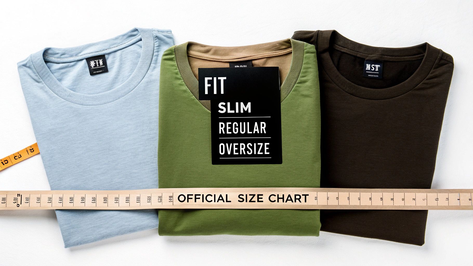 Folded t-shirts, a measuring tape, and an 'Official Size Chart' ruler for clothing fit guidance.