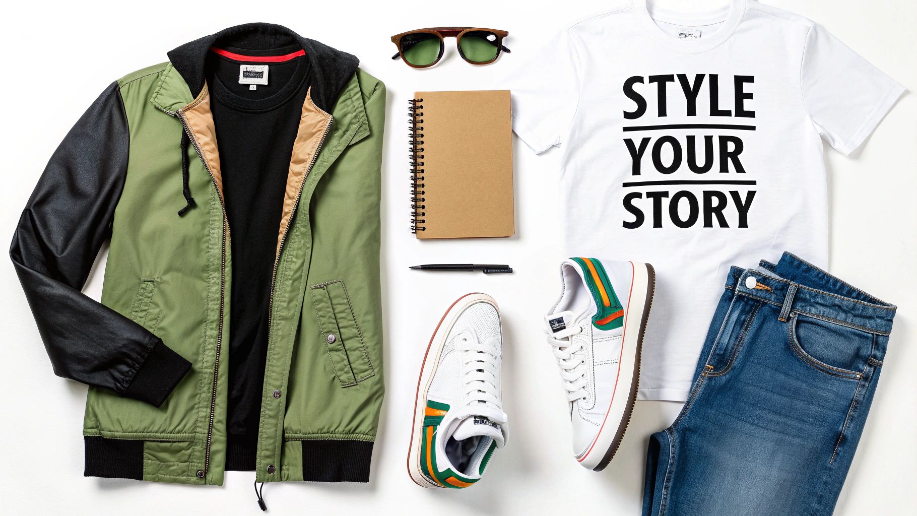 A stylish flat lay of men's casual outfit with a jacket, t-shirt, jeans, sneakers, and accessories.