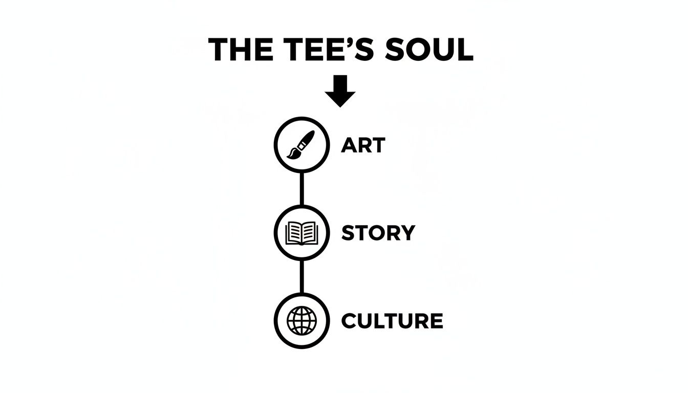 Infographic showing 'The Tee's Soul' concept: Art (paintbrush), Story (book), and Culture (globe).