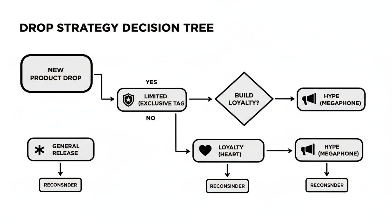 A flowchart decision tree outlining product drop strategies for new and general releases.