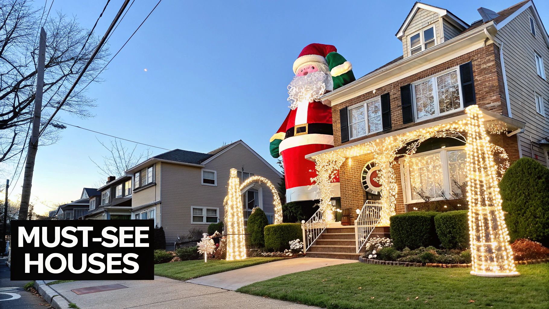 A close-up shot of a Santa Claus decoration amidst a sea of colorful lights in Dyker Heights