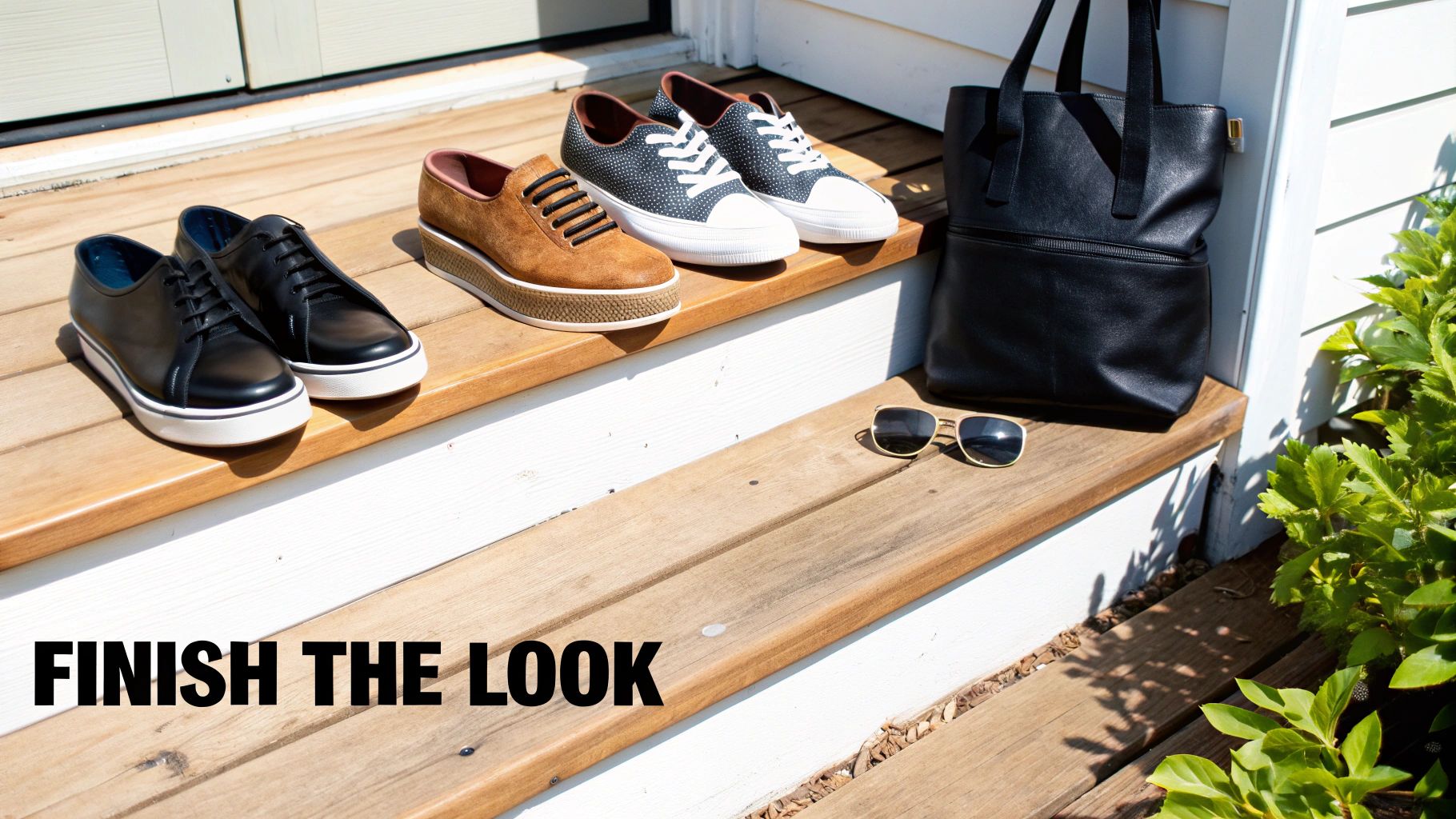 Stylish shoes, a black tote bag, and sunglasses are arranged on sunlit wooden outdoor steps.