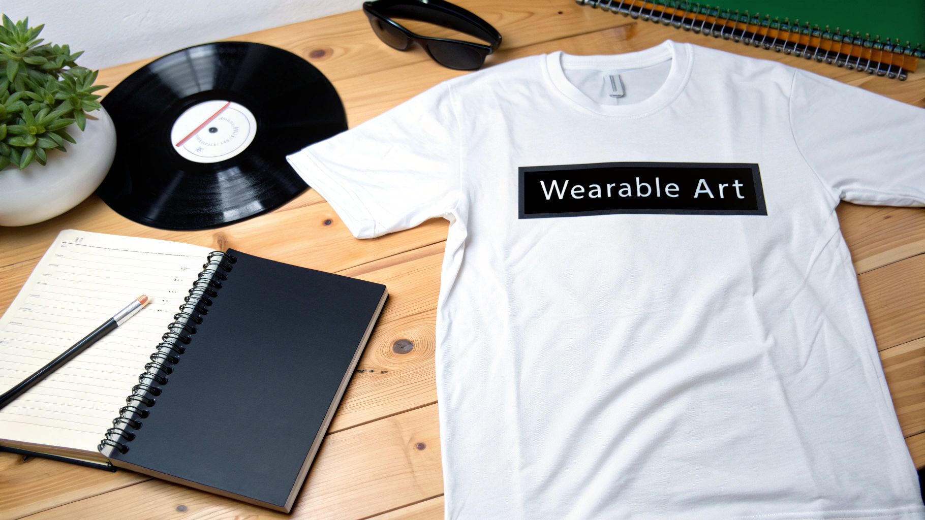 A white t-shirt featuring 'Wearable Art' text, flat lay on a wooden desk with creative items.