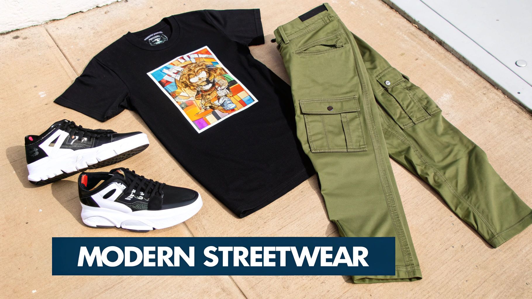 A man in a vintage graphic tee paired with modern cargo pants and sneakers, showcasing a streetwear look.