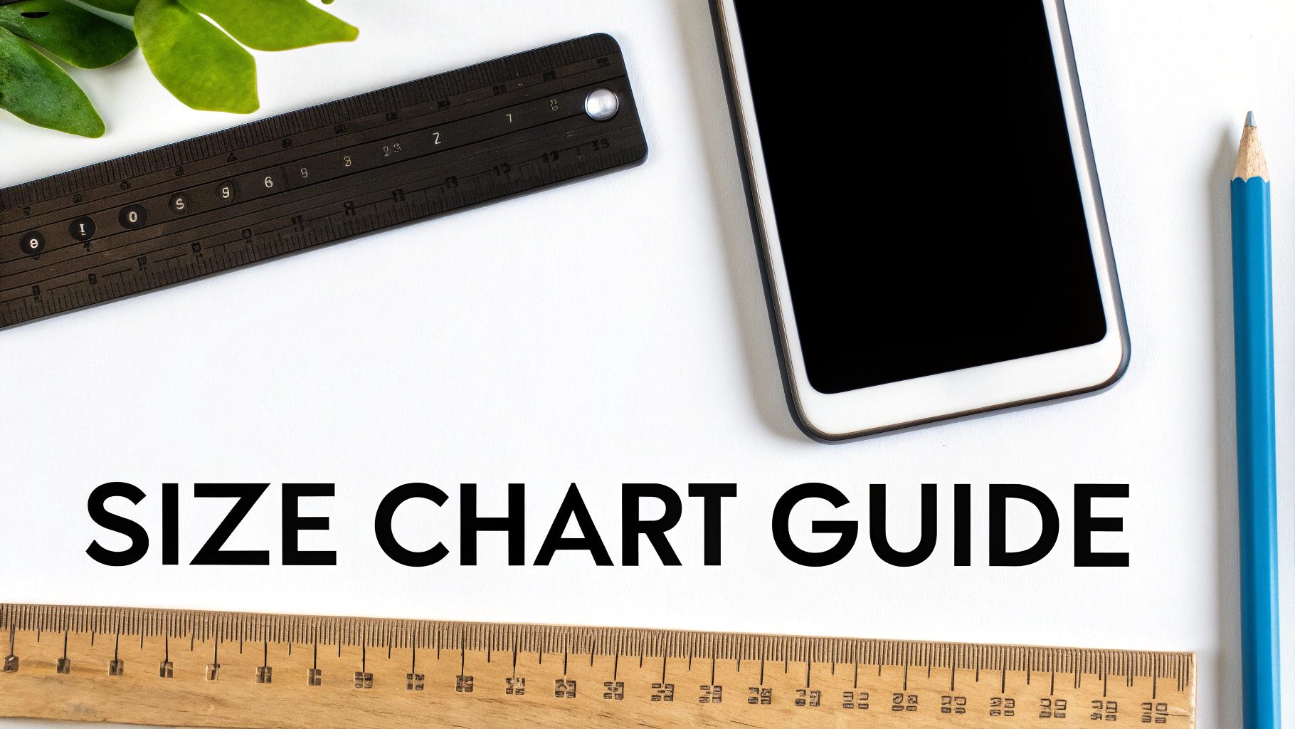 A flat lay of rulers, a phone, a pencil, and green leaves with "SIZE CHART GUIDE" text on a white background.