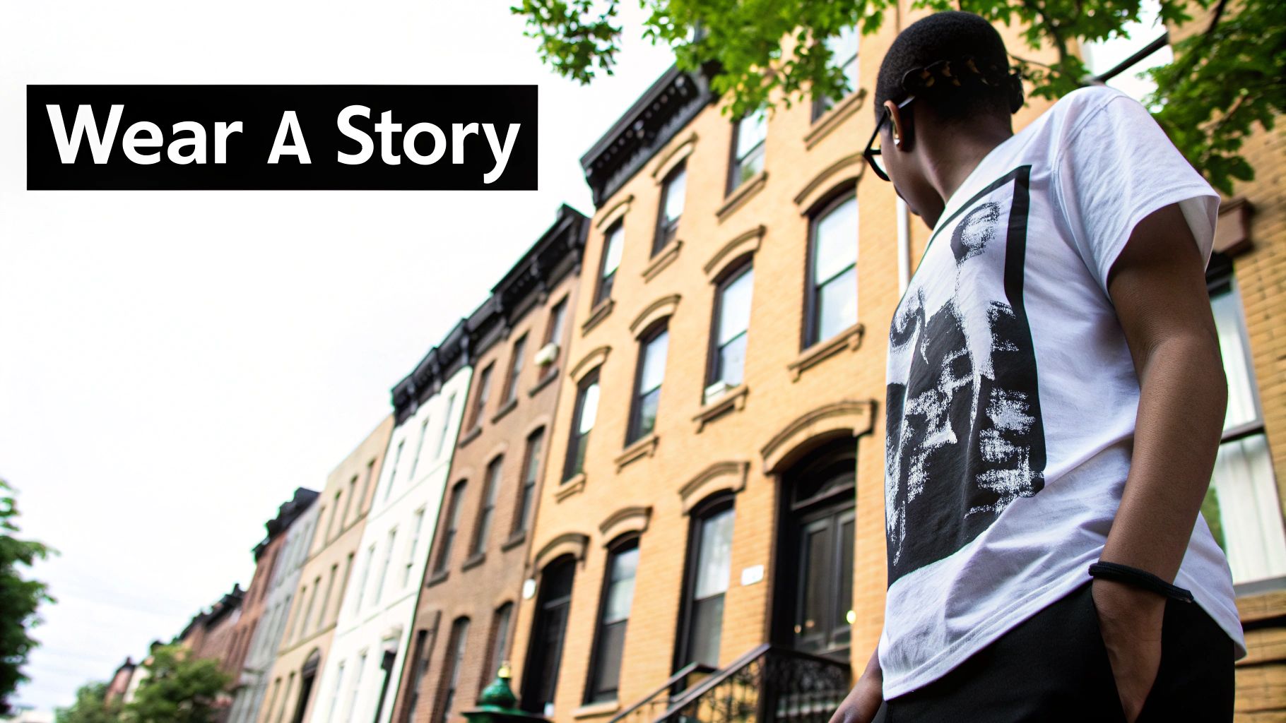 A person in a graphic white t-shirt stands before a row of brownstone buildings with 'Wear A Story' text.
