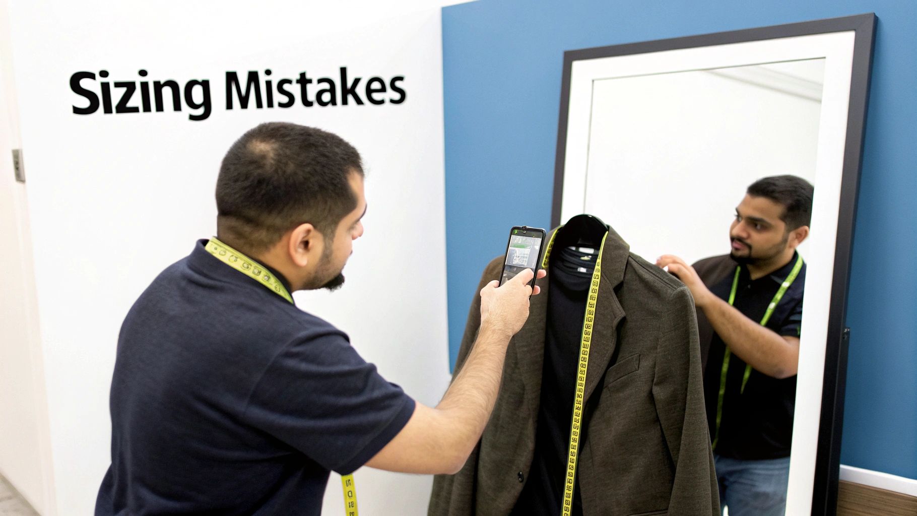 A man standing confidently while a tailor measures his chest with a tape measure.