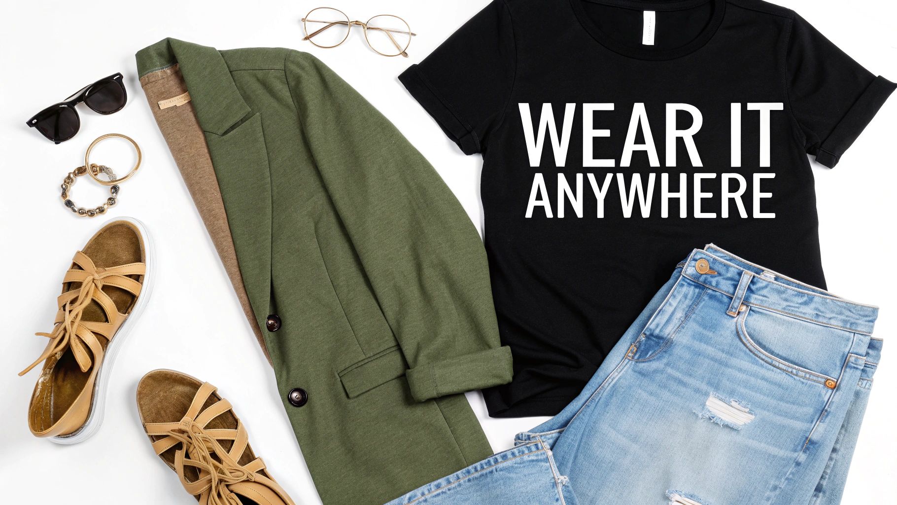 A stylish flat lay outfit featuring a black graphic tee, green blazer, jeans, and sandals with accessories.