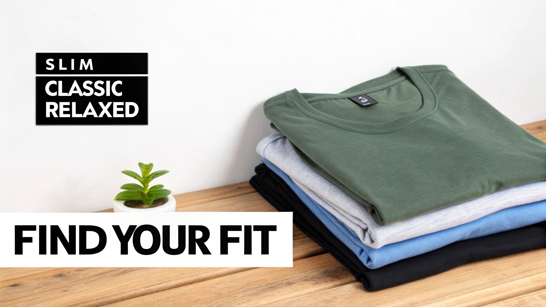 Close-up of neatly folded men's t-shirts in green, grey, blue, and black, alongside fit options.