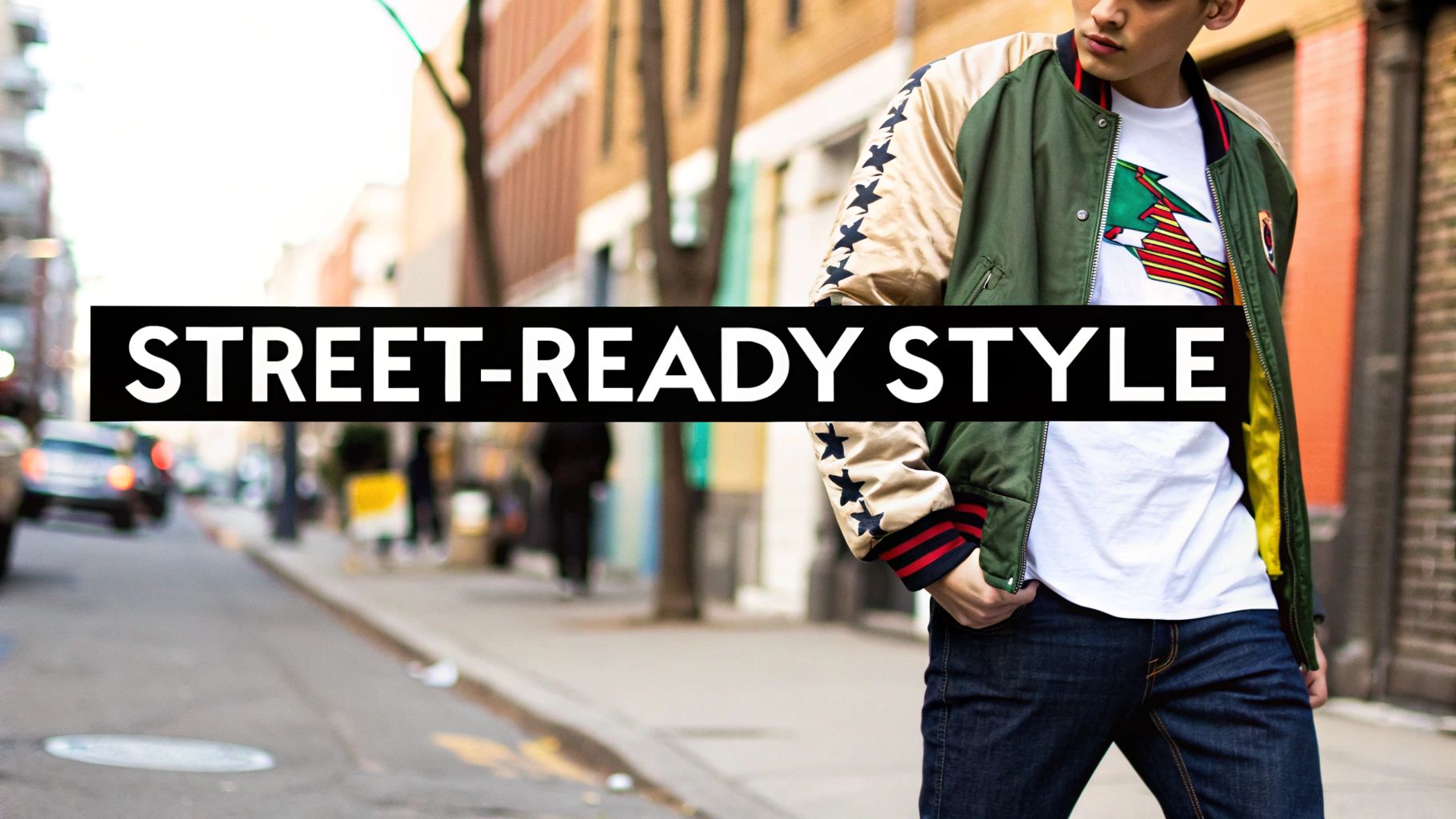 Young man in a street-ready outfit featuring a graphic white tee, bomber jacket, and jeans.