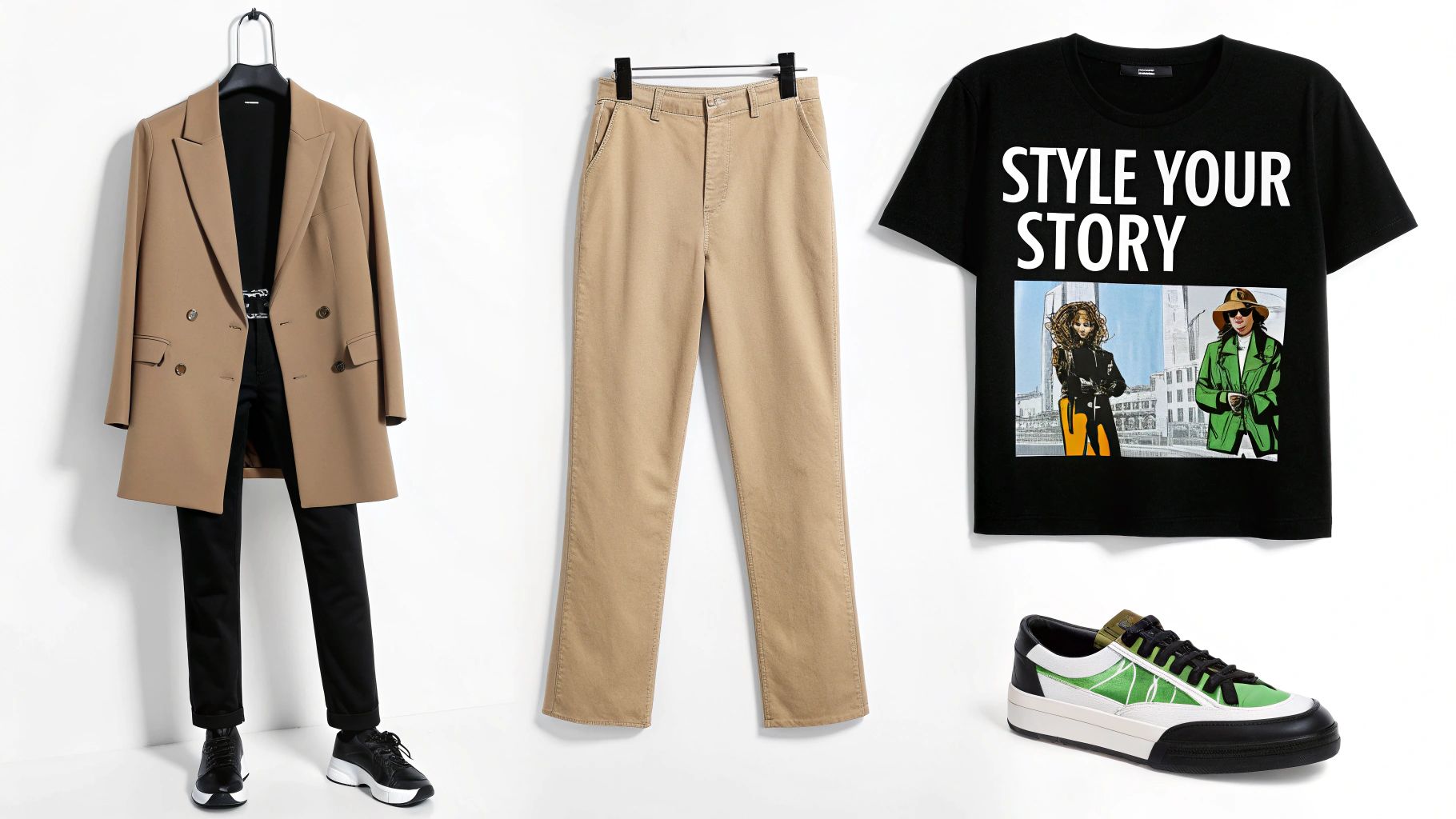 A curated display of stylish fashion items: tan blazer, black outfit, graphic tee, and sneakers.