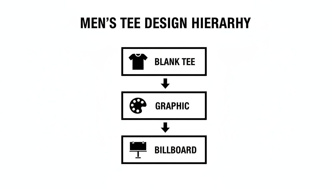 A flowchart showing the men's tee design hierarchy: blank tee, graphic, and billboard.