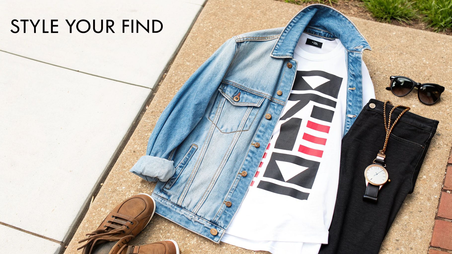 A flat lay of men's casual outfit featuring a denim jacket, graphic tee, jeans, shoes, sunglasses, and watch.