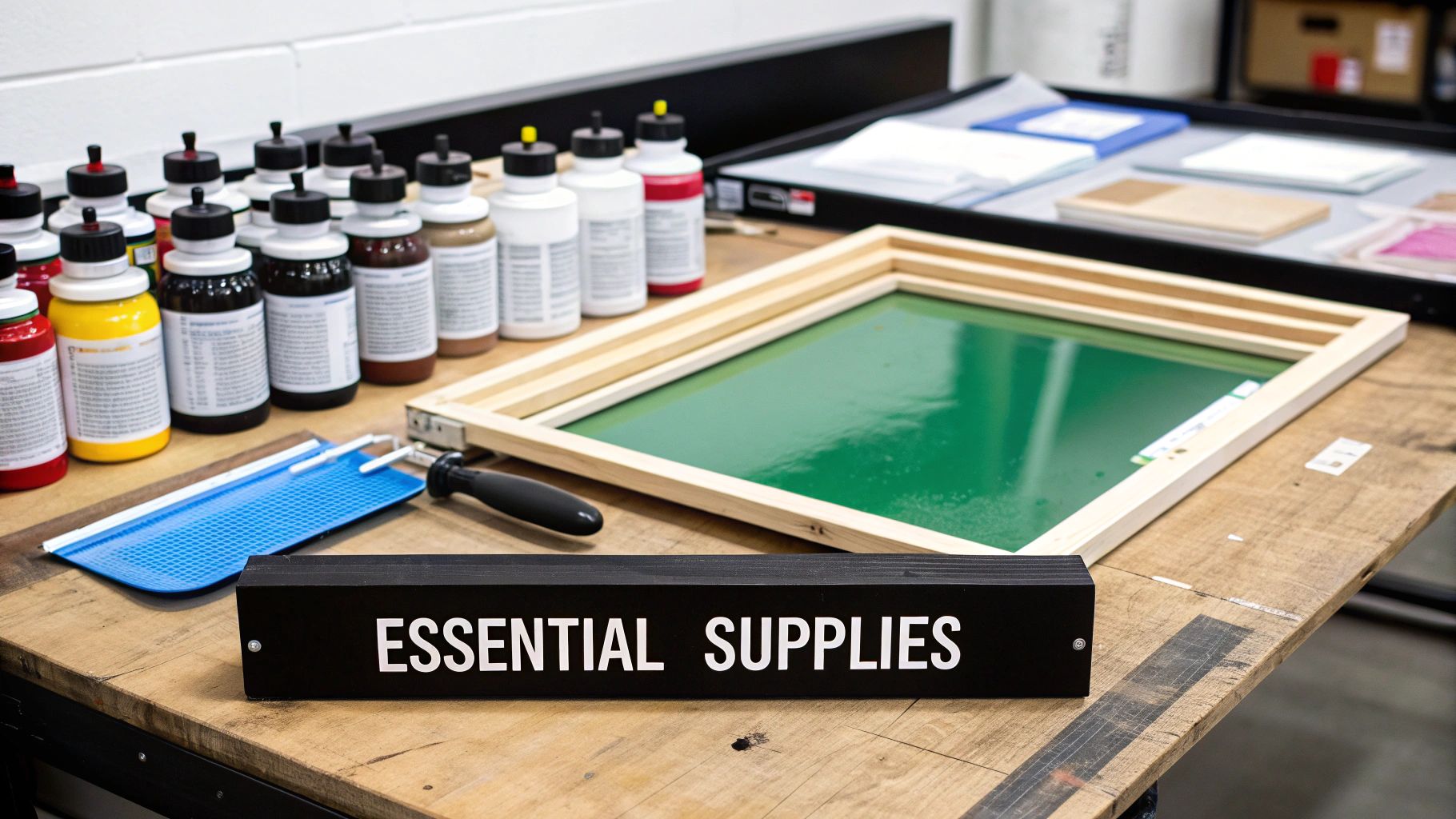 A person's hands carefully aligning a screen printing frame over a white t-shirt, with a yellow squeegee resting on top of the screen.