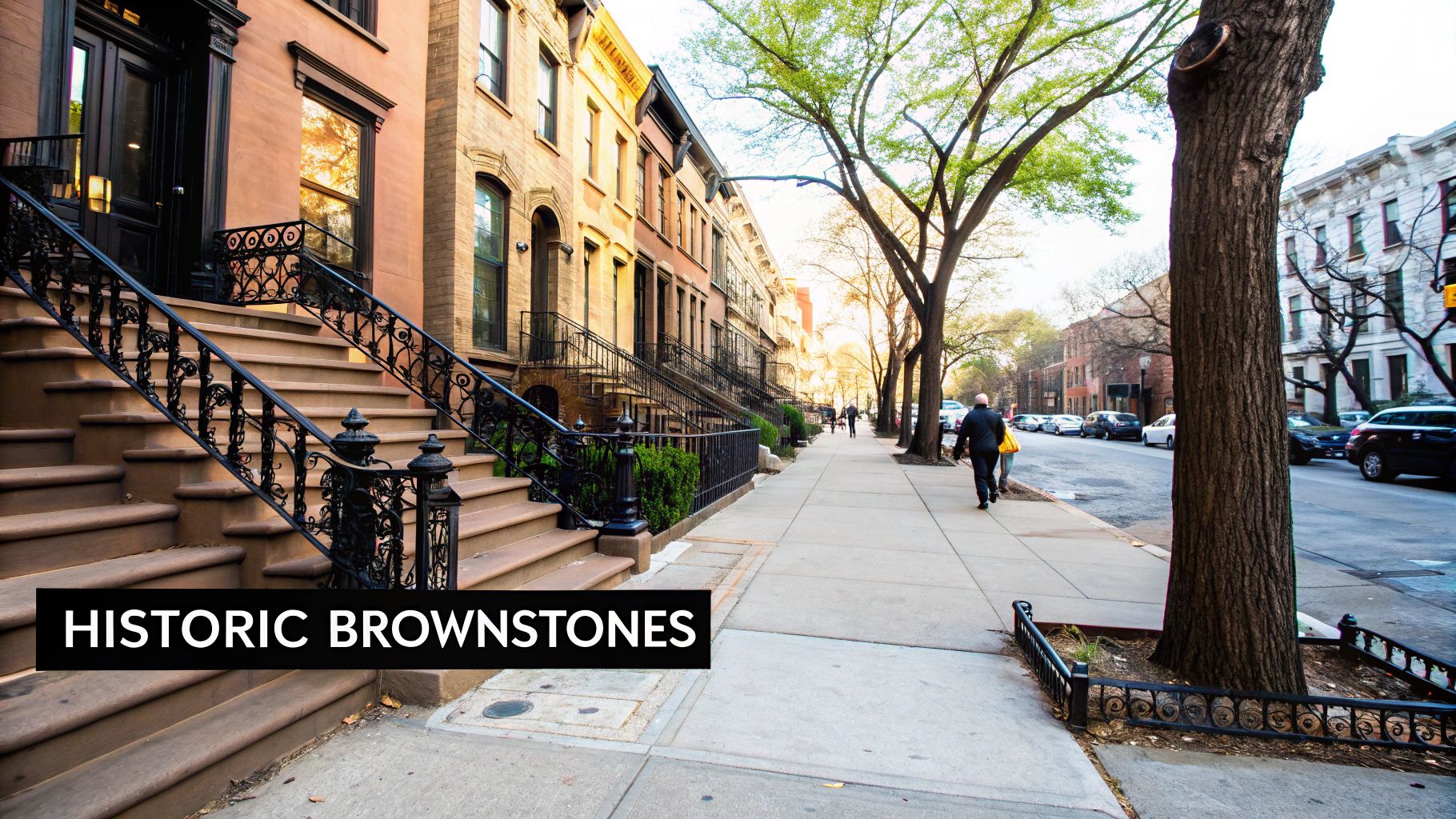A scenic street in a historic Brooklyn neighborhood with brownstone buildings, ornate staircases, and people walking on the sidewalk.