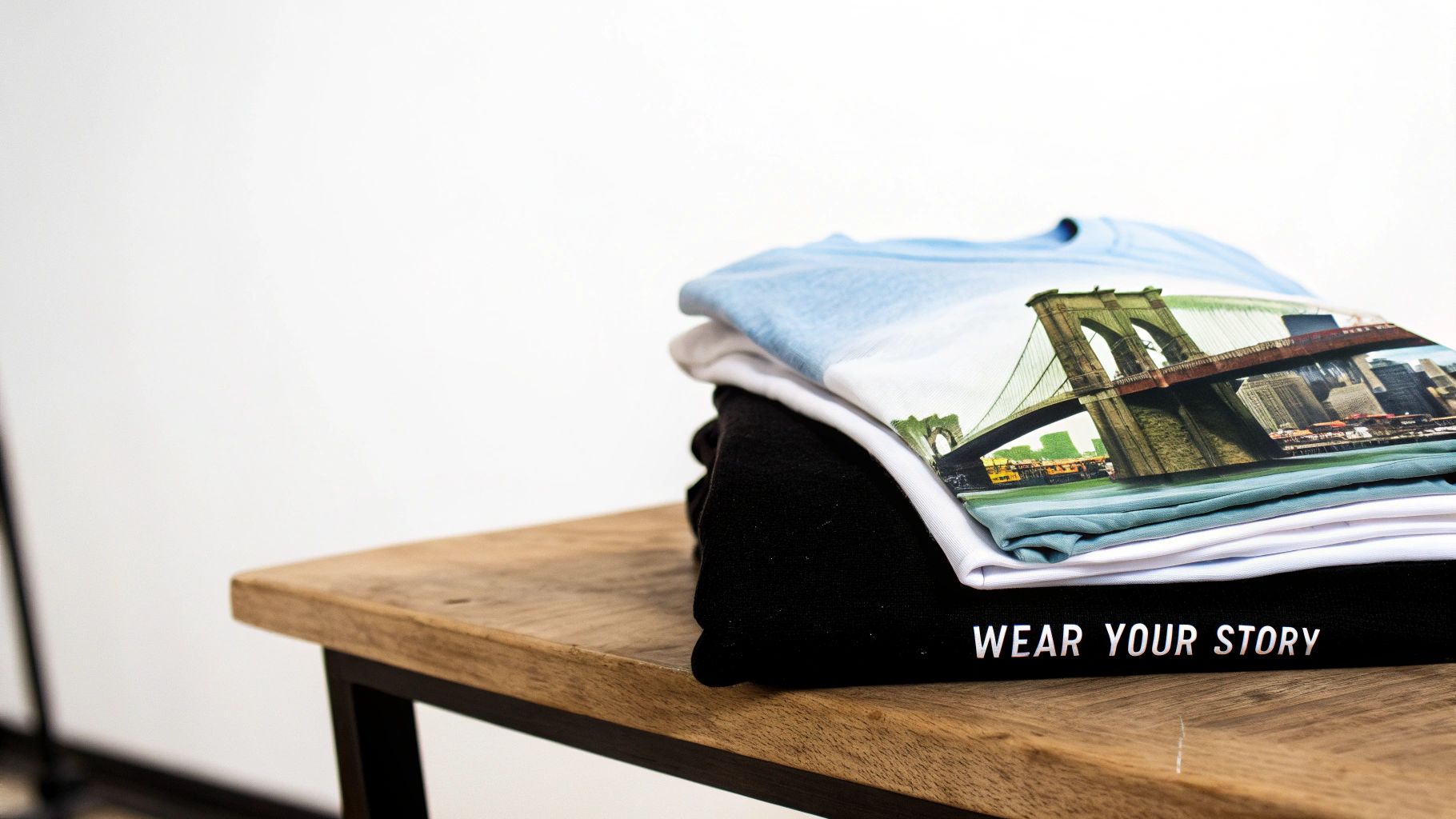 A stack of folded t-shirts on a wooden table, featuring a Brooklyn Bridge graphic tee and 'Wear Your Story' text.