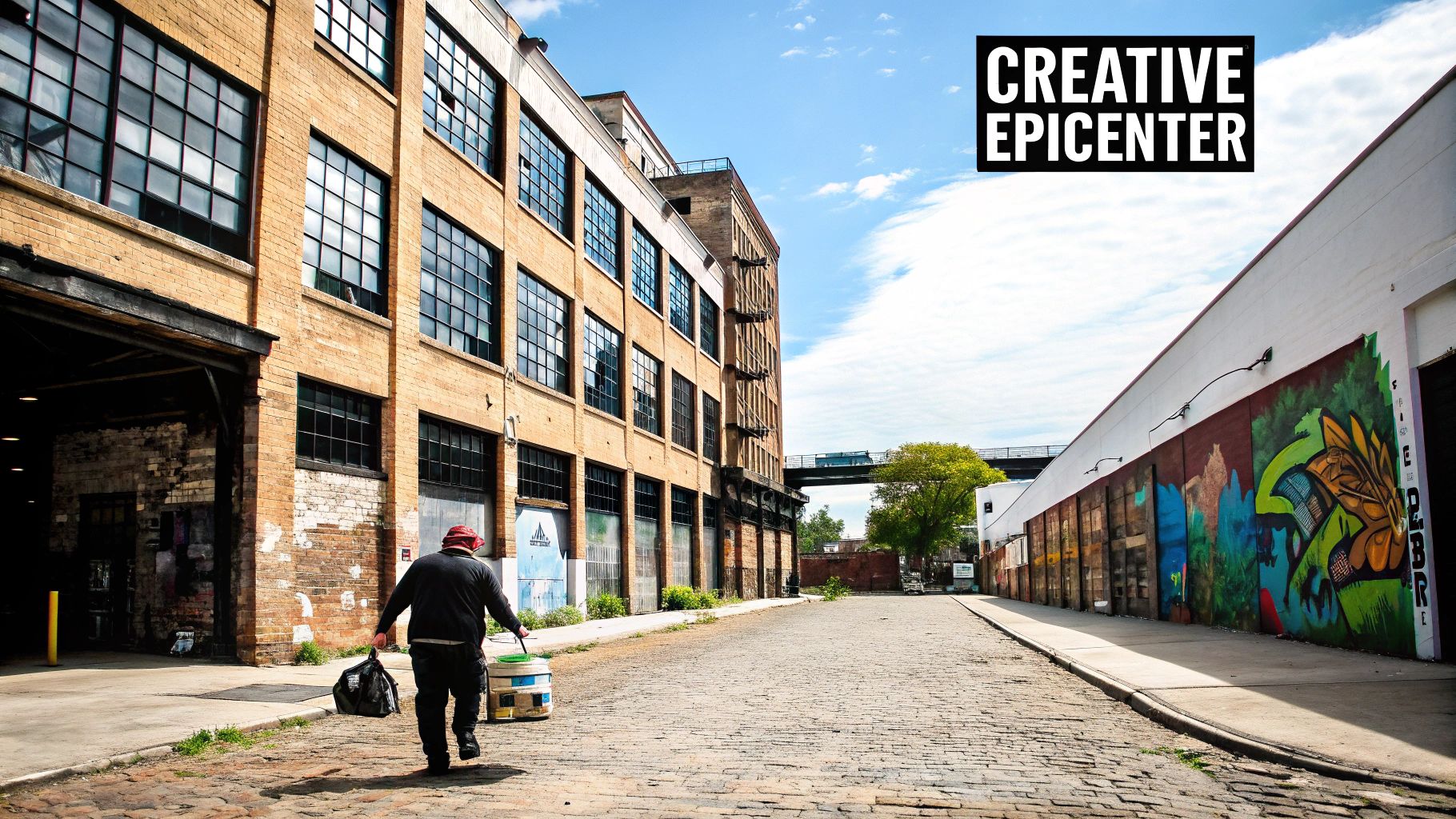 A man walks down a cobblestone alley lined with brick industrial buildings and vibrant street art.