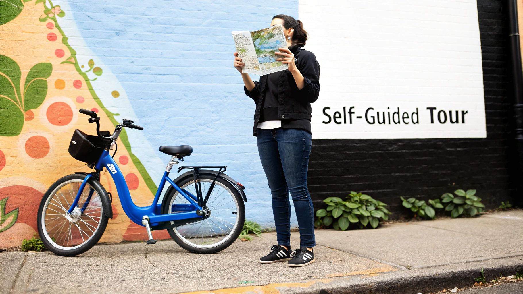 A woman on a self-guided bike tour reads a map next to a blue rental bike and colorful street art.