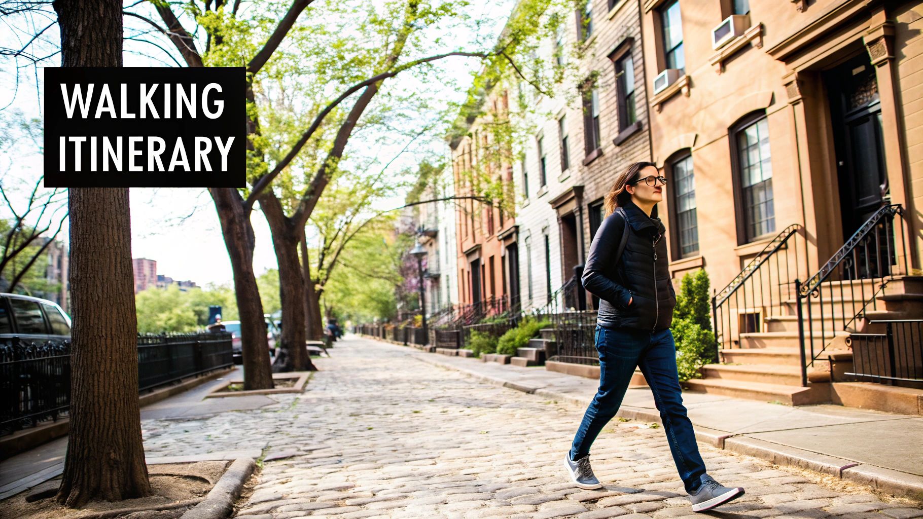 A charming cobblestone street in Brooklyn Heights with historic brownstone houses and lush green trees.