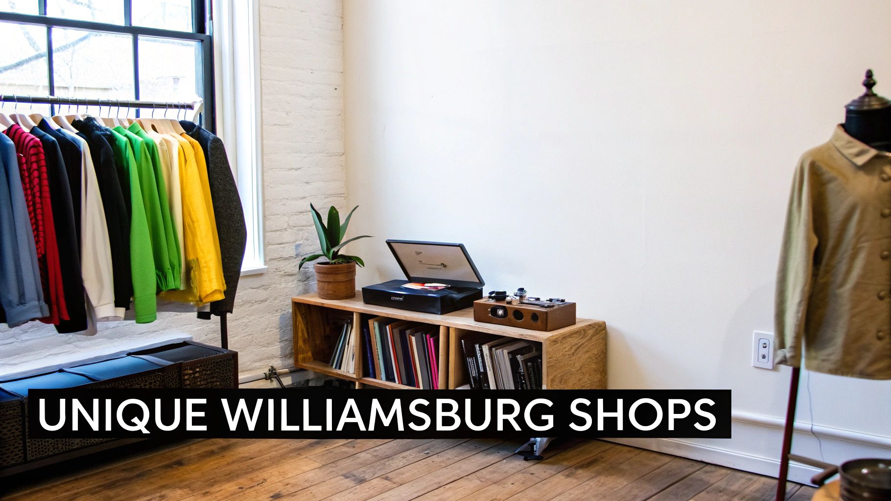 Minimalist boutique interior in Williamsburg with colorful clothing rack, vinyl record player, and wooden storage