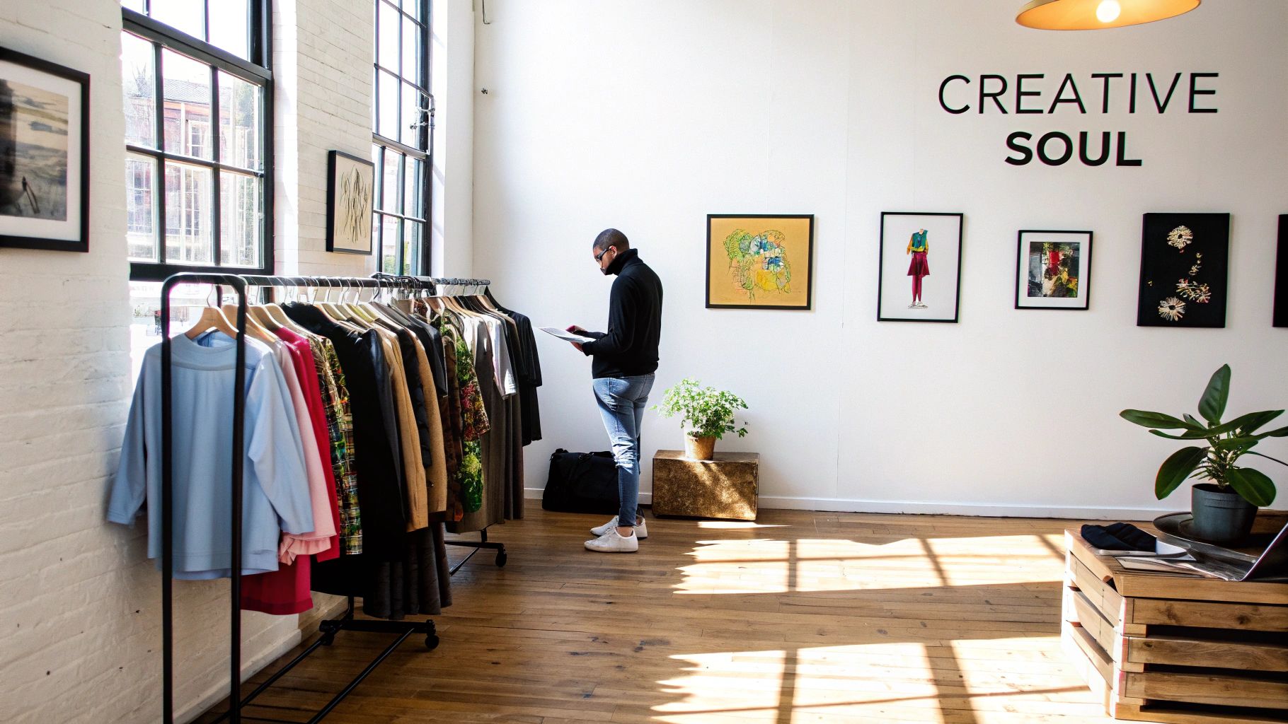 A curated rack of colorful clothing in a bright, stylish Brooklyn consignment store