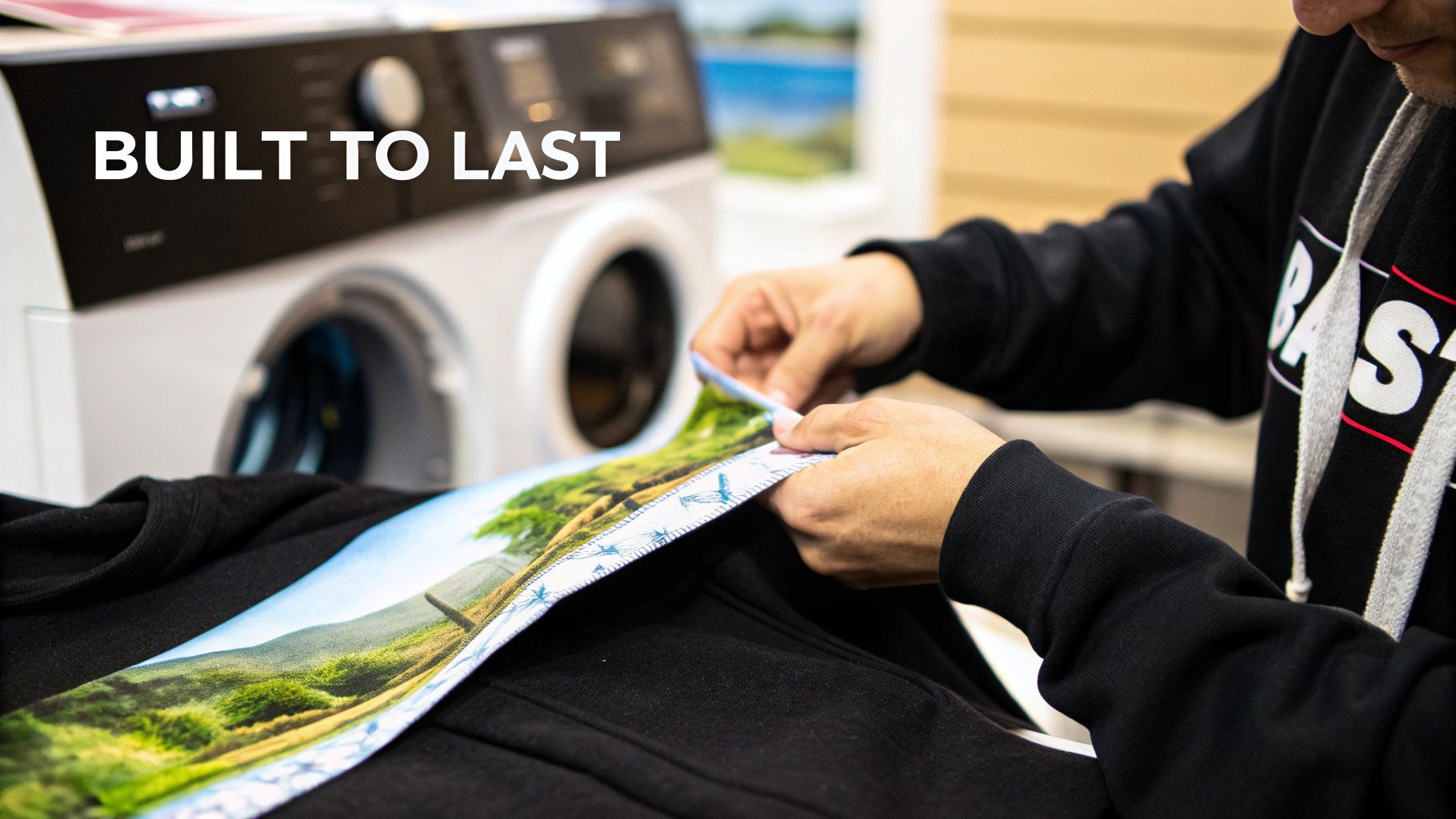 Hands inspect a vibrant printed fabric with a landscape design near a washing machine, showcasing durability.