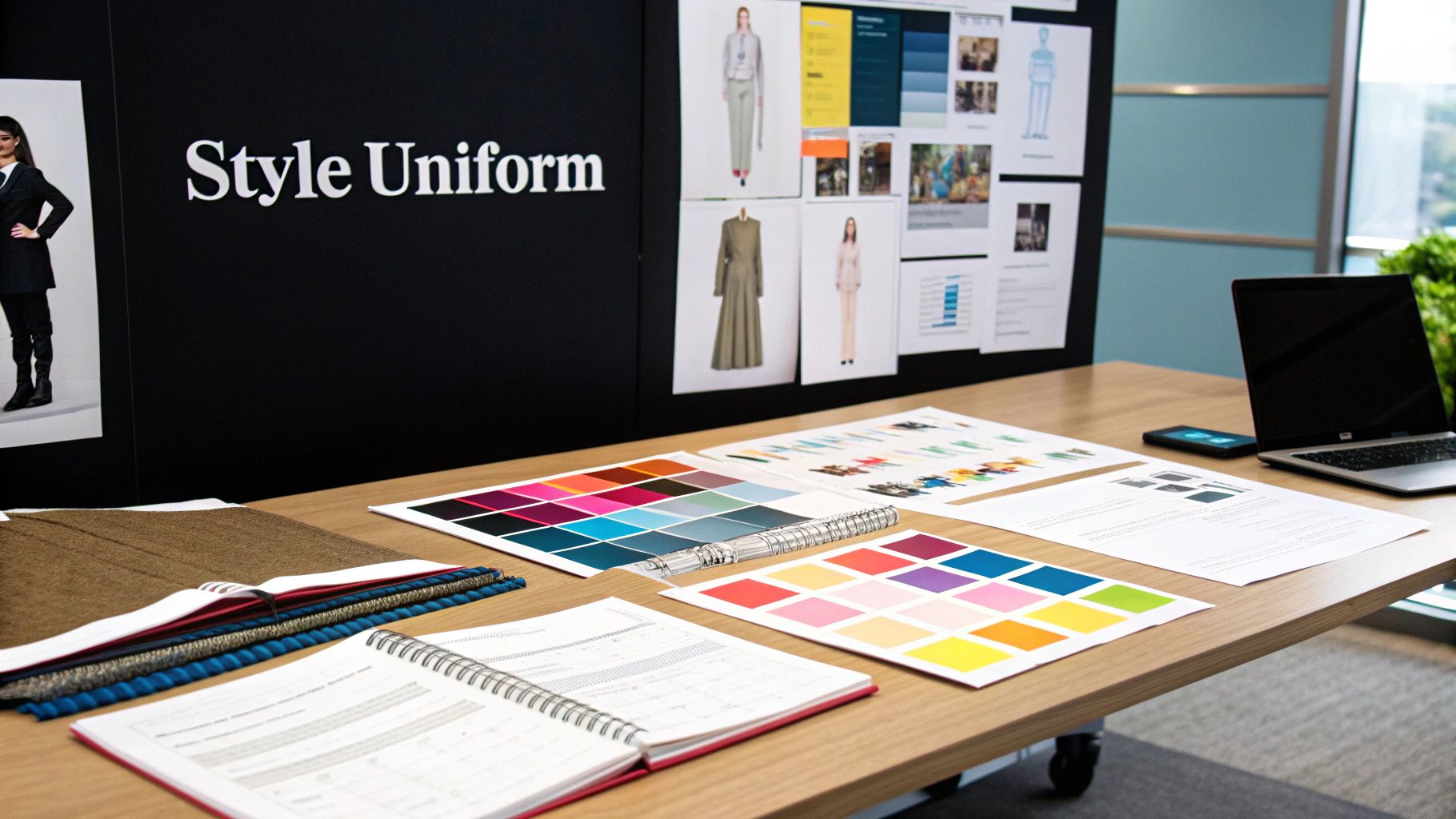 A mood board with fabric swatches, color palettes, and fashion inspiration photos