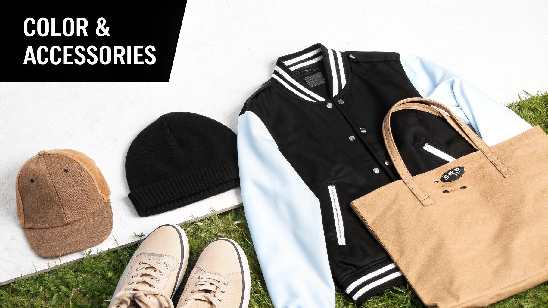Stylish men's accessories: a varsity jacket, two hats, beige sneakers, and a brown tote bag on grass.