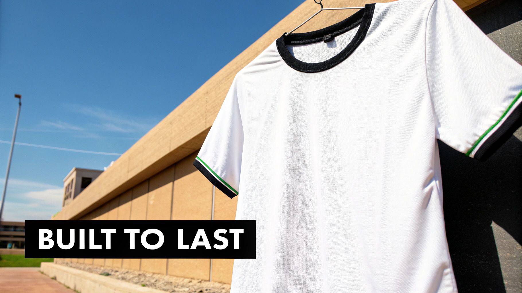 White t-shirt with black and green trim hanging on a hanger outdoors against a clear blue sky.