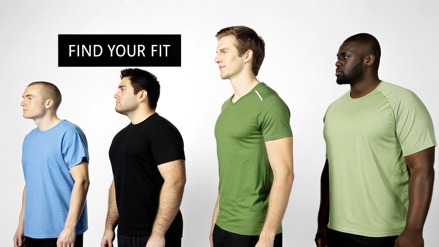 Four men with different body types showcase various t-shirt fits against a white background.