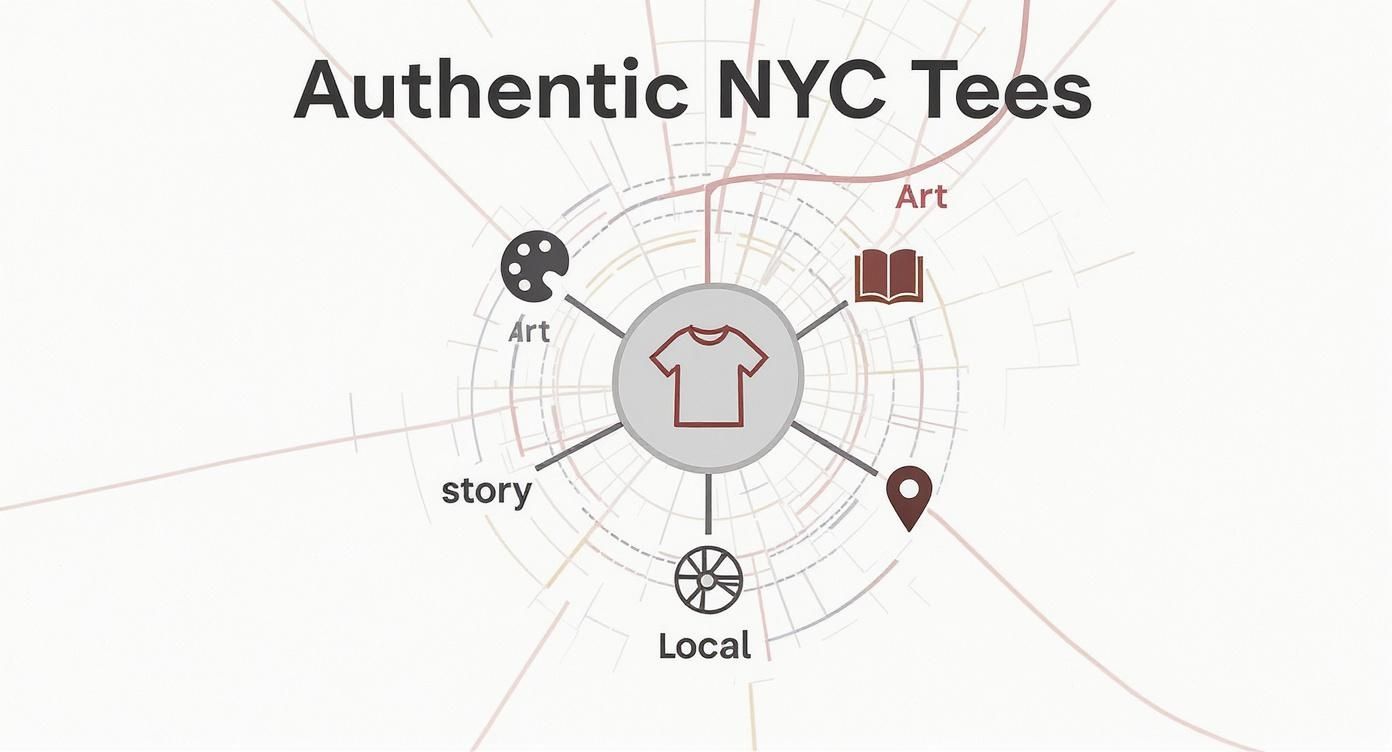 Infographic about authentic NYC tees, linking a T-shirt icon to art, story, and local inspiration.