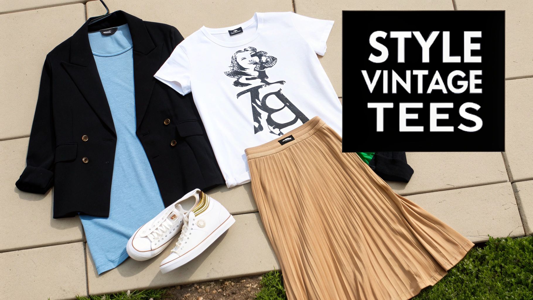 A woman wearing a women's vintage graphic t shirt paired with a flowy skirt and sneakers, showcasing a creative styling choice.