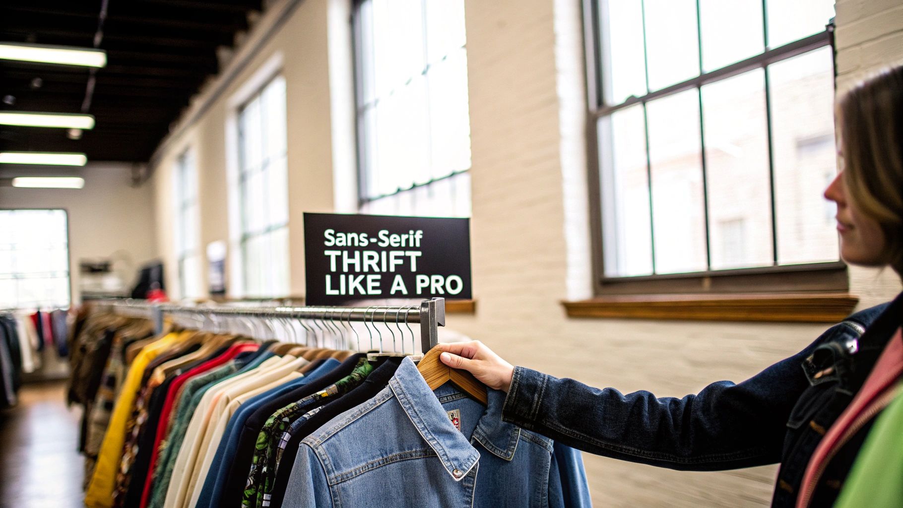 Shopper browsing a rail of colorful clothes, reaching for a denim jacket in a thrift store.